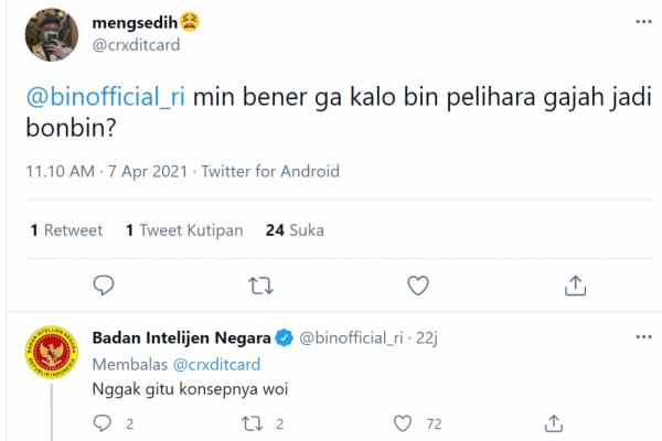 Kelucuan Admin Twitter “BIN” dalam membalas pertanyaan bikin ngakak